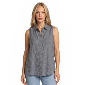 Boho Chic Sleeveless Top Blouse Women's Size XL Grey 100% Linen Button Back